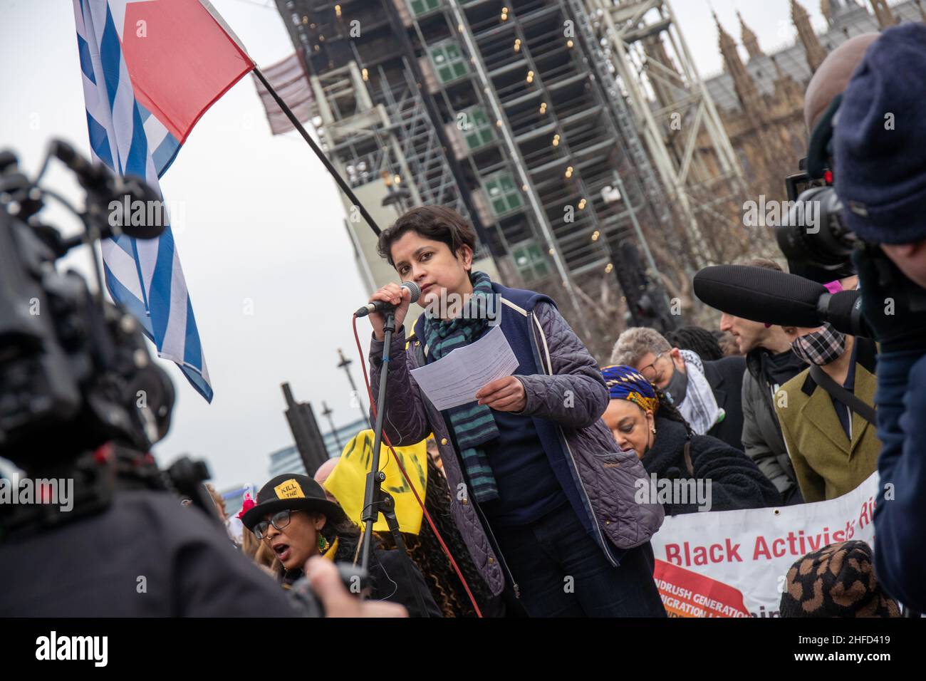 LONDON, UK 15th January 2022. Shami Chakrabarti speaks at Kill The Bill protest in London this week as the House of Lords will hear the final reading of the police, crime, sentencing and courts bill Stock Photo