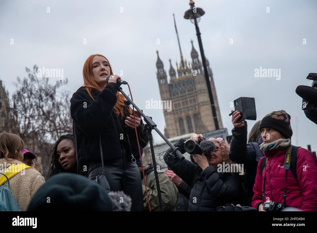 LONDON, UK 15th January 2022. Patsy Stevenson speaks at Kill The Bill protest in London this week as the House of Lords will hear the final reading of the police, crime, sentencing and courts bill Stock Photo