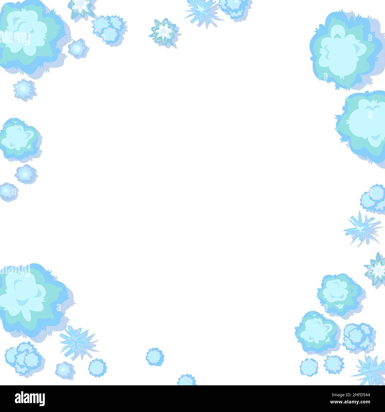 Winter landscape top view. Frame around edge of Square image. Snowy frosty nature in cold season. From high. Drifts of snow. Illustration in cartoon s Stock Vector
