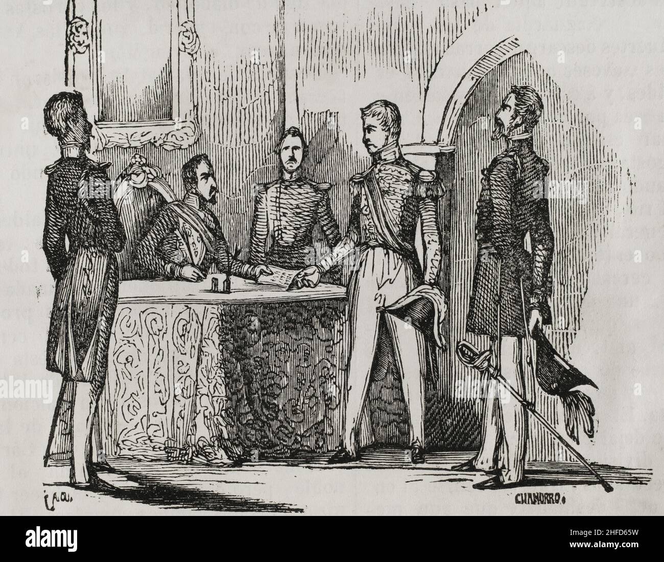 History of Spain. First Carlist War (1833-1840). The Eliot Treaty. The British diplomat Edward Granville Eliot travelled to the Basque provinces as a representative of the British government to reach an agreement between Carlists and Liberals that would allow the lives of prisoners of war to be respected. On 27th and 28th April 1835, the treaty was signed in Asarta and Logroño between Tomás Zamalacárregui (Carlist side), Gerónimo Valdés (Liberal side), Eliot and Lieutenant-Colonel Gurwood. Engraving by Chamorro. Panorama Español, Crónica Contemporánea. Volume III Madrid, 1845. Stock Photo