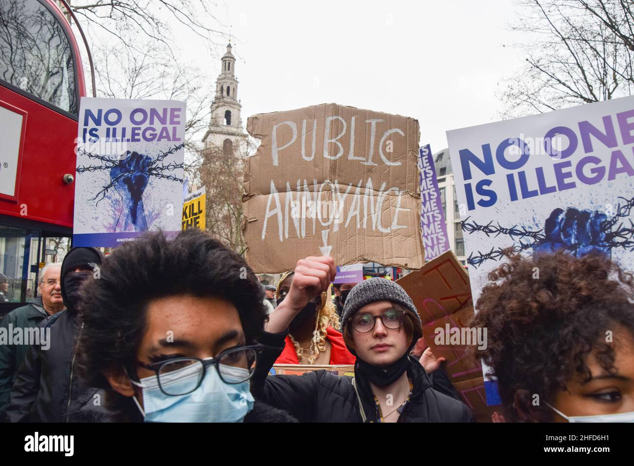 London, UK 15th January 2022. Kill The Bill protesters in Aldwych. Thousands of people marched through central London in protest against the Police, Crime, Sentencing and Courts Bill, which will make many types of protest illegal. Credit: Vuk Valcic / Alamy Live News Stock Photo