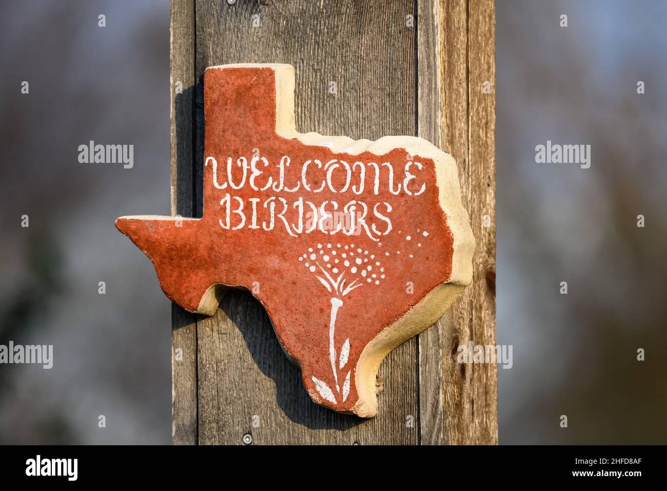 Welcome Birders on a Texas shaped sign. McAllen, Texas, USA. Stock Photo