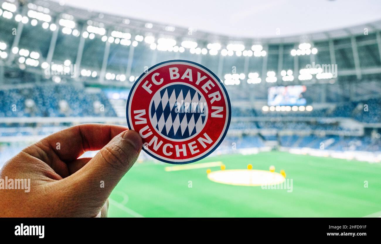 September 12, 2021, Munich, Germany. The emblem of the football club FC  Bayern Munich on the background of a modern stadium Stock Photo - Alamy