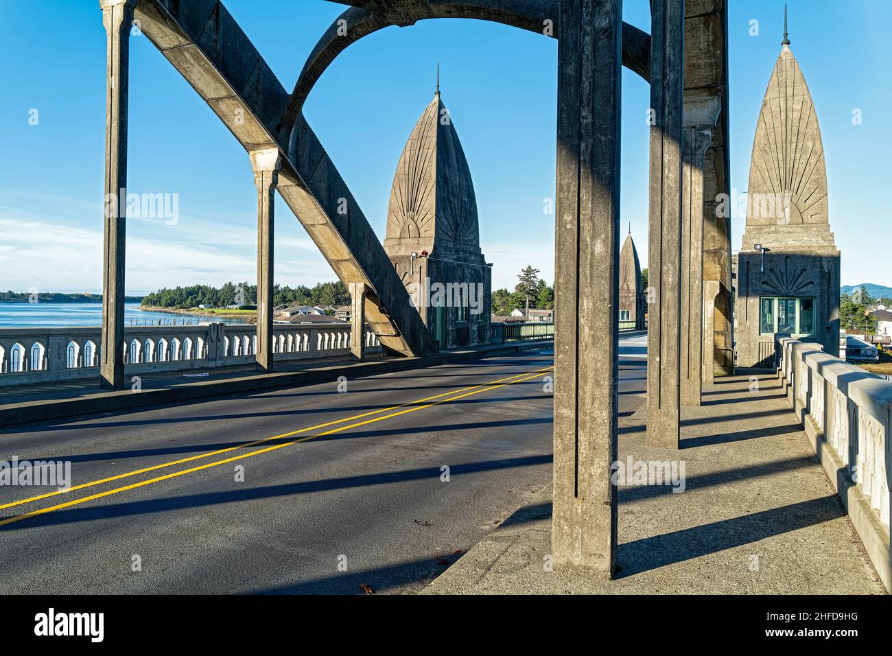 The obelisks and arches on the Siuslaw River Bridge, Florence, Oregon, US Stock Photo