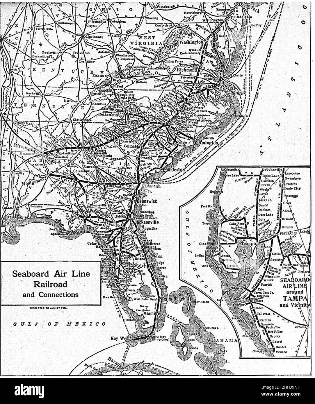 1916 map of the Seaboard Air Line Railroad system, reprinted in the 1922 New World Atlas and Gazetteer Stock Photo