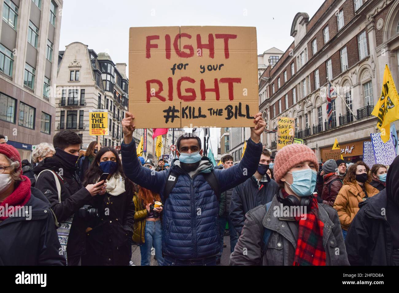 London, UK 15th January 2022. Kill The Bill protesters on The Strand. Thousands of people marched through central London in protest against the Police, Crime, Sentencing and Courts Bill, which will make many types of protest illegal. Credit: Vuk Valcic / Alamy Live News Stock Photo