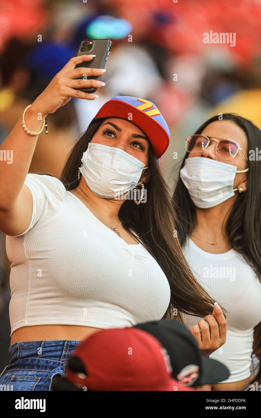 MAZATLAN, MEXICO - FEBRUARY 02: Two fanatic Venezuelan women take a selfie, during the game between Dominican Republic and Panama as part of Serie del Caribe 2021 at Teodoro Mariscal Stadium on February 2, 2021 in Mazatlan, Mexico. (Photo by Luis Gutierrez/Norte Photo) Stock Photo