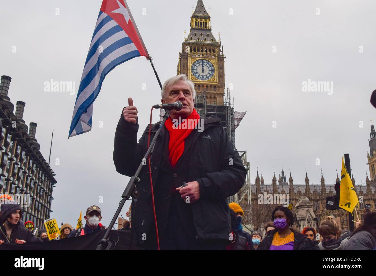 London, UK 15th January 2022. Labour MP John McDonnell speaks in Parliament Square during the Kill The Bill protest. Thousands of people marched through central London in protest against the Police, Crime, Sentencing and Courts Bill, which will make many types of protest illegal. Credit: Vuk Valcic / Alamy Live News Stock Photo