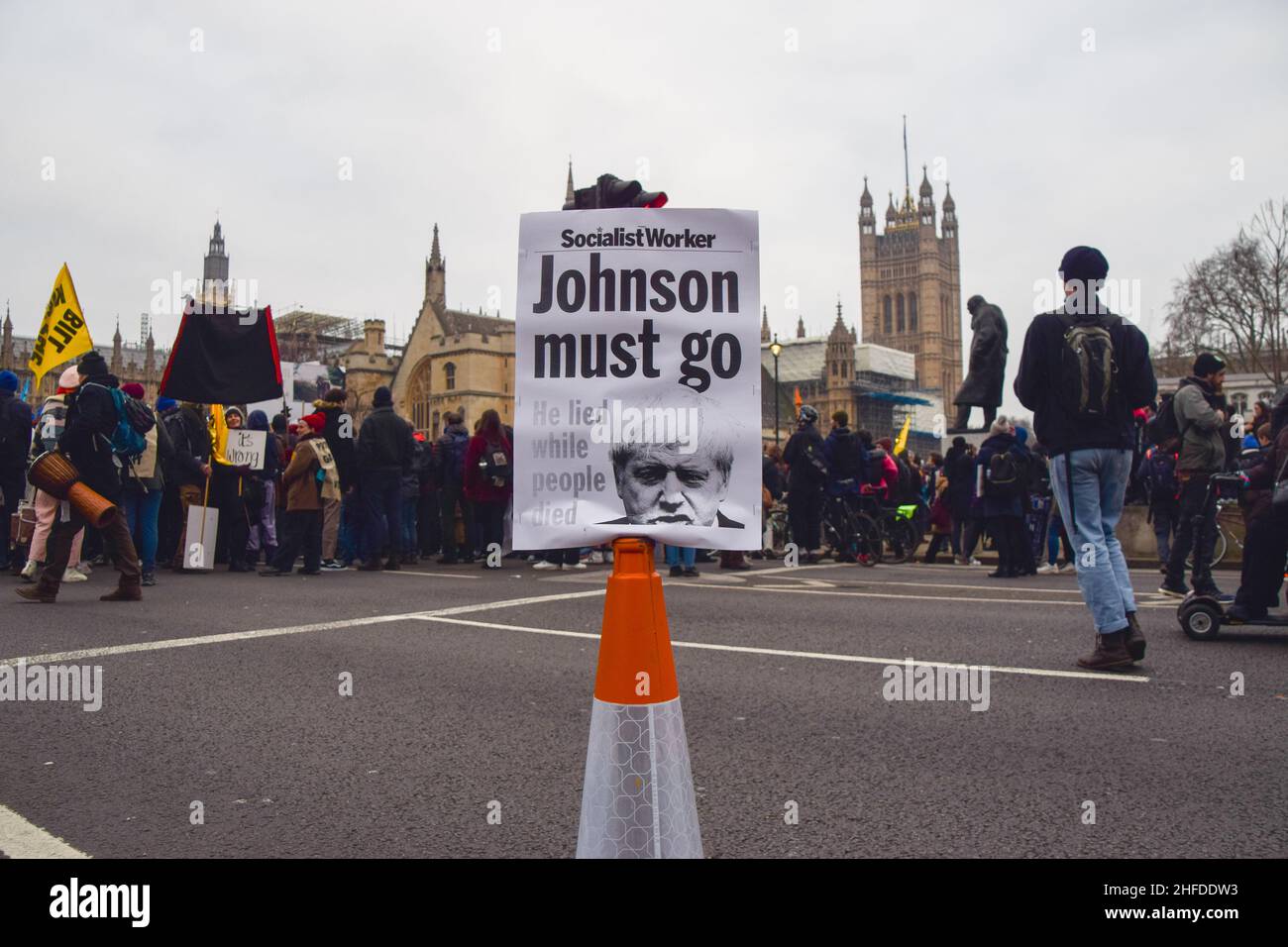 London, UK 15th January 2022. 'Boris Johnson Must Go' placard in Parliament Square during the Kill The Bill protest. Thousands of people marched through central London in protest against the Police, Crime, Sentencing and Courts Bill, which will make many types of protest illegal. Credit: Vuk Valcic / Alamy Live News Stock Photo