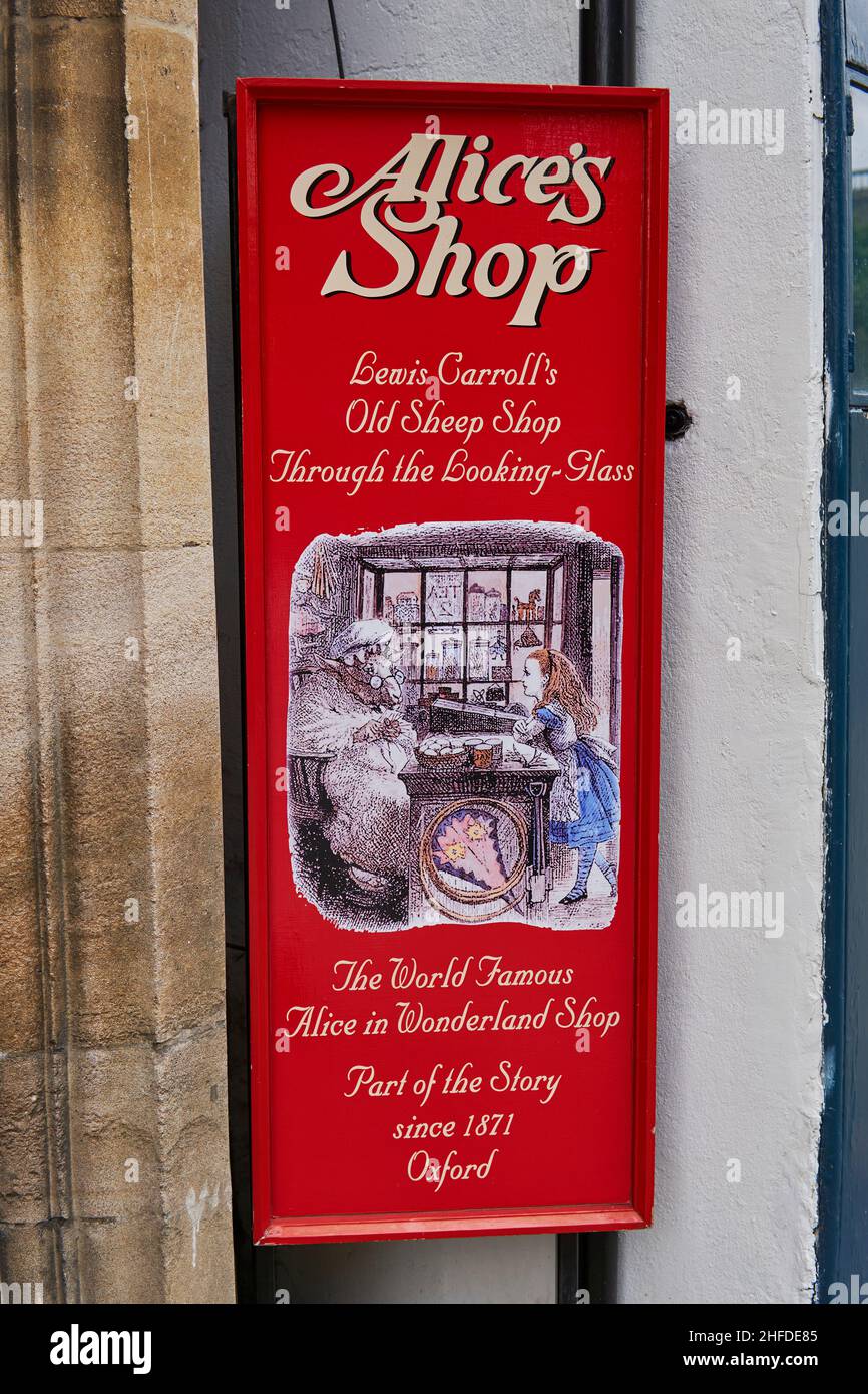 OXFORD, UK - April 13, 2021. cardboard cut-out signs in front of the first book shop to sell 'Alice's Adventures in Wonderland', in 1865. Alice's shop Stock Photo