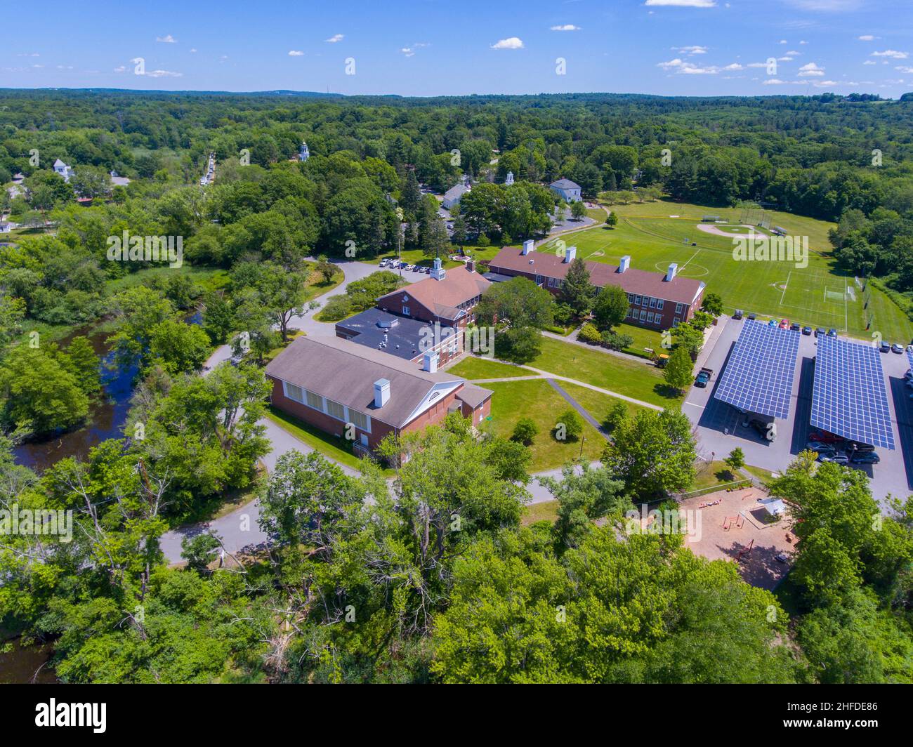 Wayland Town Hall aerial view at 41 Cochituate Road in historic town
