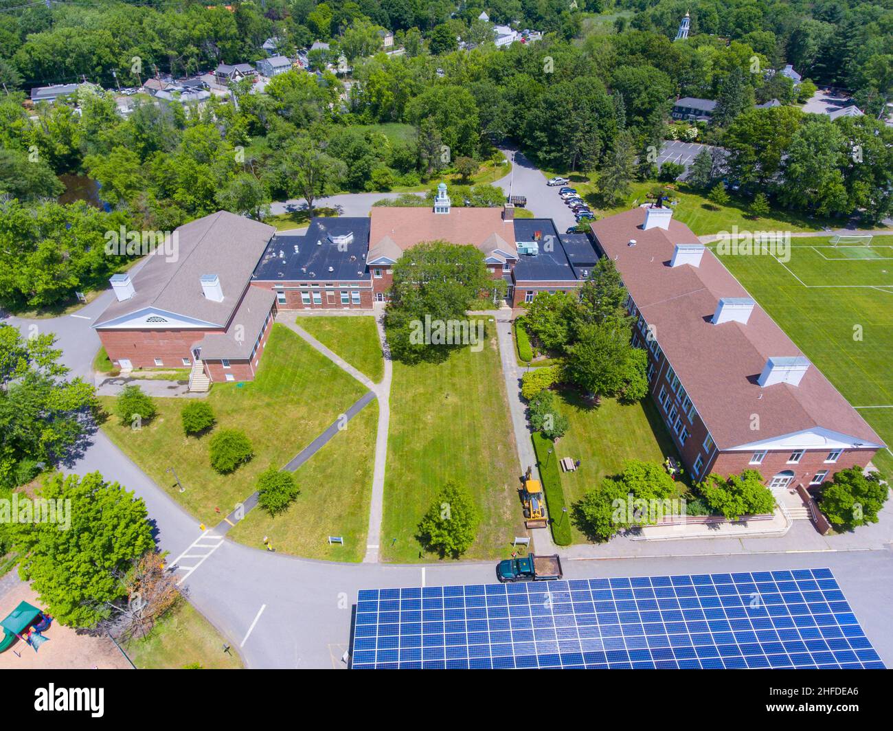 Wayland Town Hall aerial view at 41 Cochituate Road in historic town