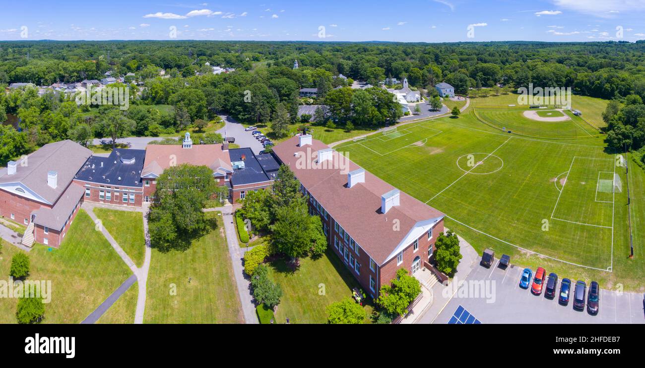 Wayland Town Hall aerial view at 41 Cochituate Road in historic town