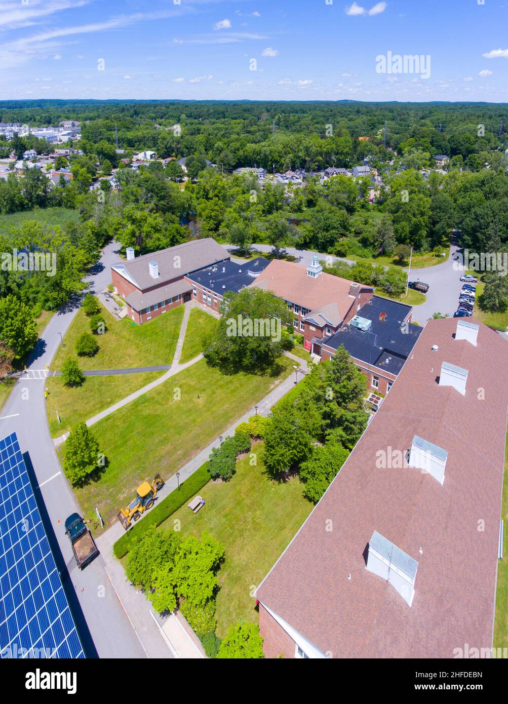 Wayland Town Hall aerial view at 41 Cochituate Road in historic town