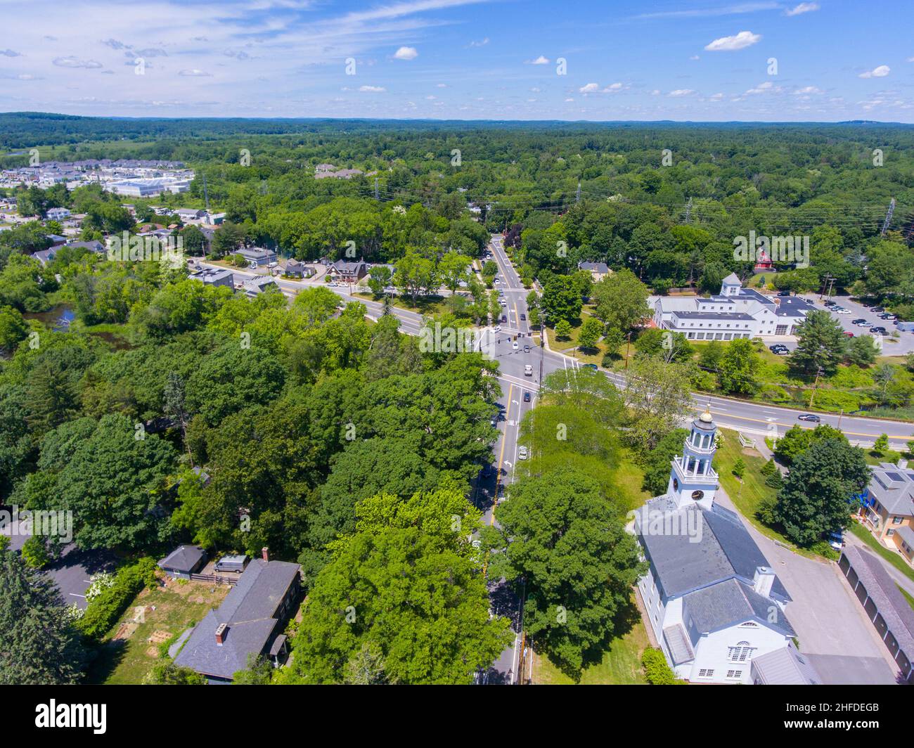 Wayland historic town center aerial view in summer at Boston Post Road