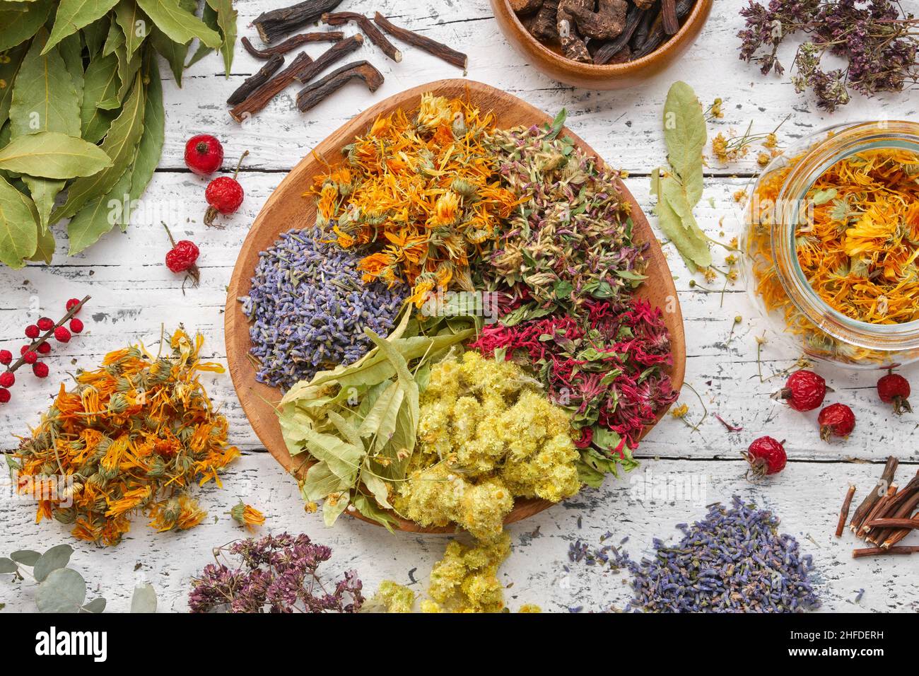 Wooden plate of medicinal herbs. Healing plants, roots, berries ...