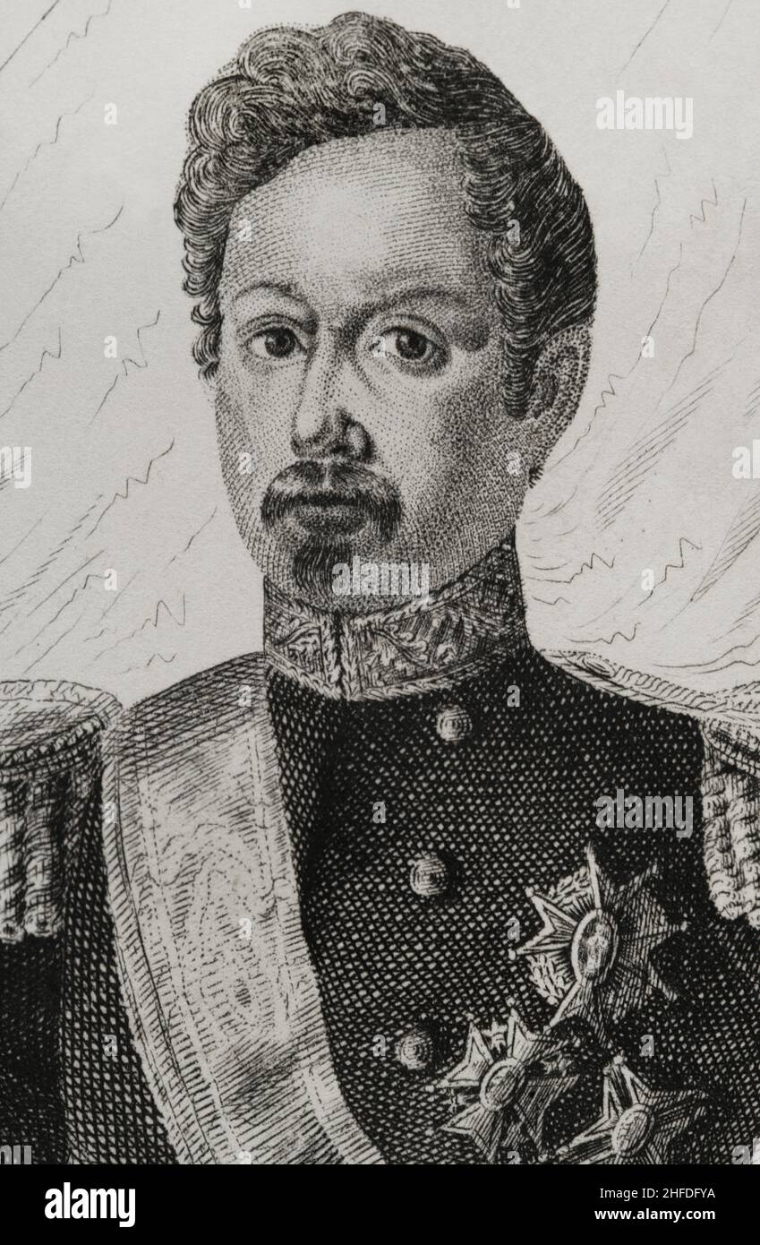 Ramón María Narváez (1799-1868). 1st Duke of Valencia. Spanish general and politician. Leader of the Moderate Party during the reign of Isabella II. Prime minister of Spain on seven occasions between 1844 and 1868. Portrait. Engraving by José Gómez. Detail. Panorama Español, Crónica Contemporánea. Volume III. Madrid, 1845. Author: José Gómez. 19th century-Spanish engraver. Stock Photo