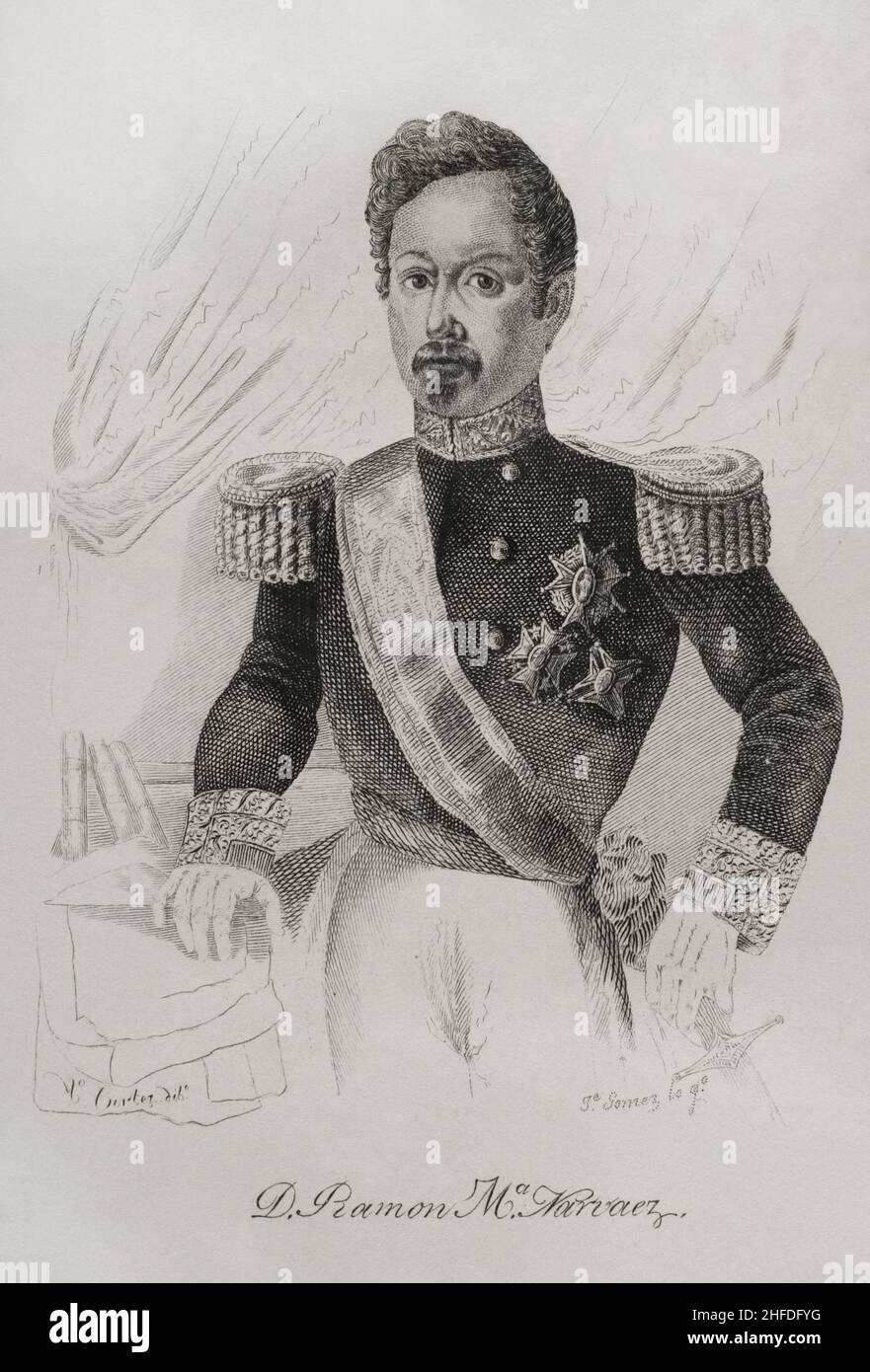 Ramón María Narváez (1799-1868). 1st Duke of Valencia. Spanish general and politician. Leader of the Moderate Party during the reign of Isabella II. Prime minister of Spain on seven occasions between 1844 and 1868. Portrait. Engraving by José Gómez. Panorama Español, Crónica Contemporánea. Volume III. Madrid, 1845. Author: José Gómez. 19th century-Spanish engraver. Stock Photo
