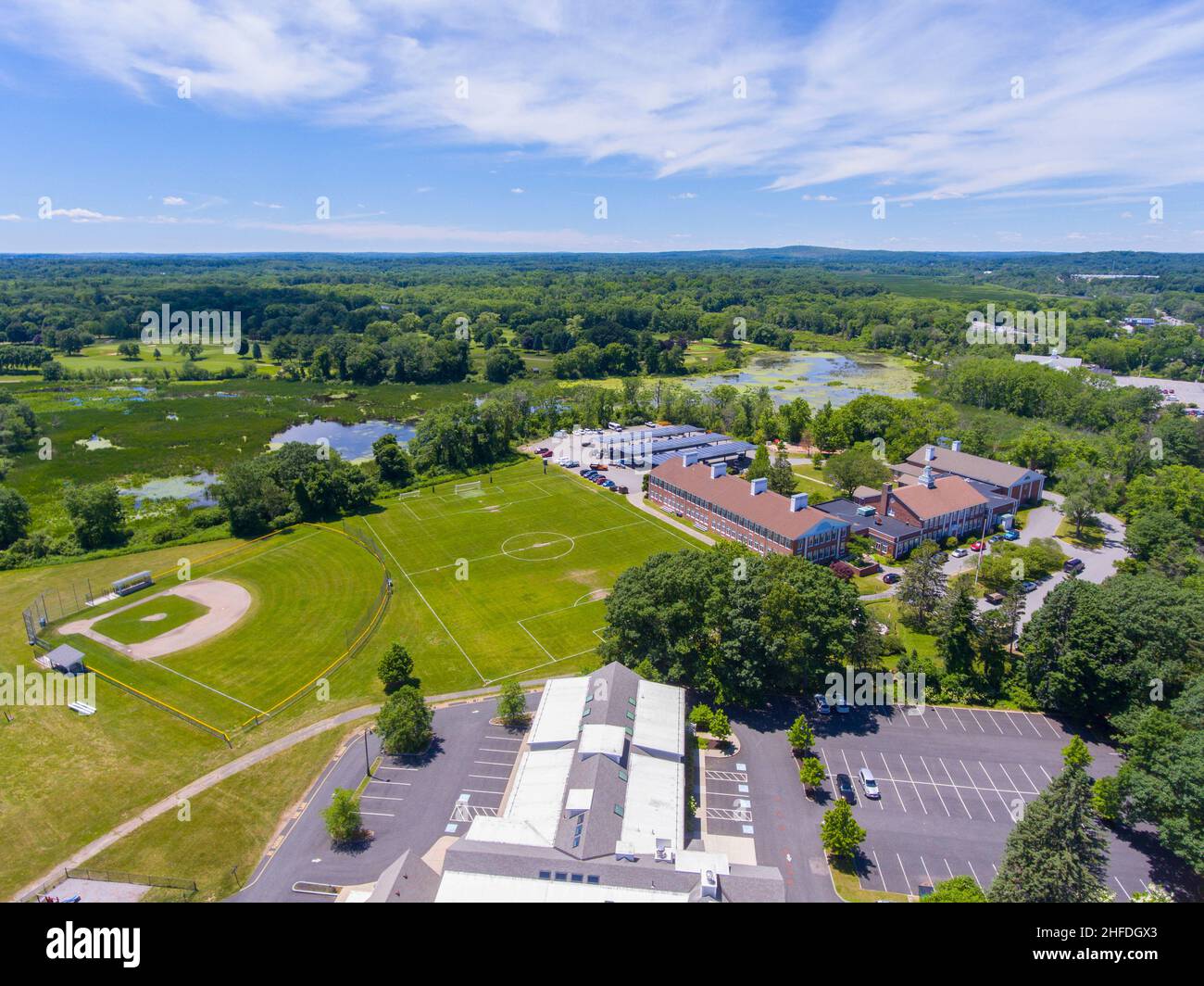 Wayland Town Hall aerial view at 41 Cochituate Road in historic town