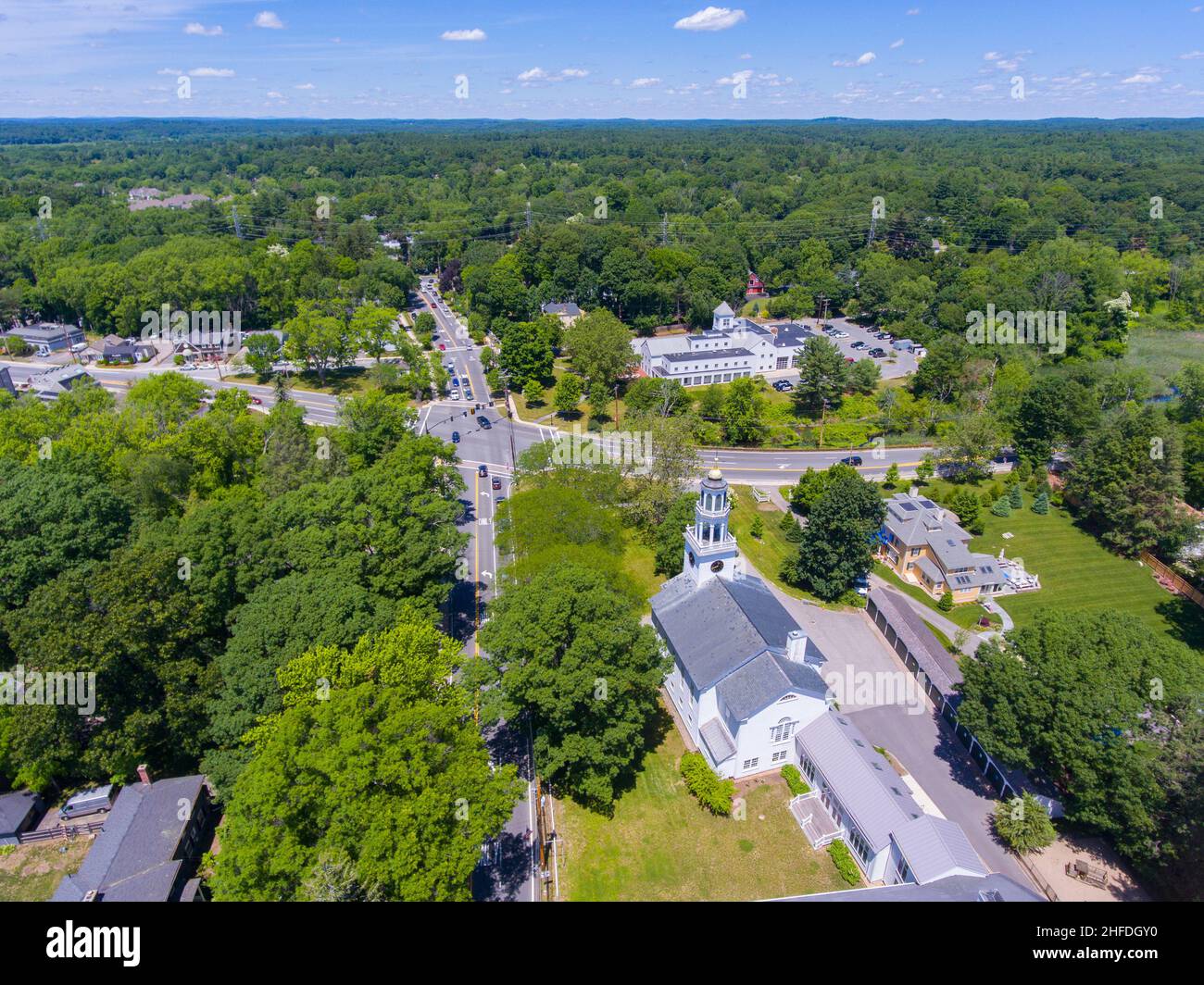 Wayland historic town center aerial view in summer at Boston Post Road