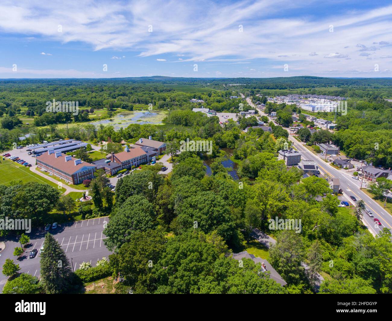 Wayland historic town center aerial view in summer at Boston Post Road