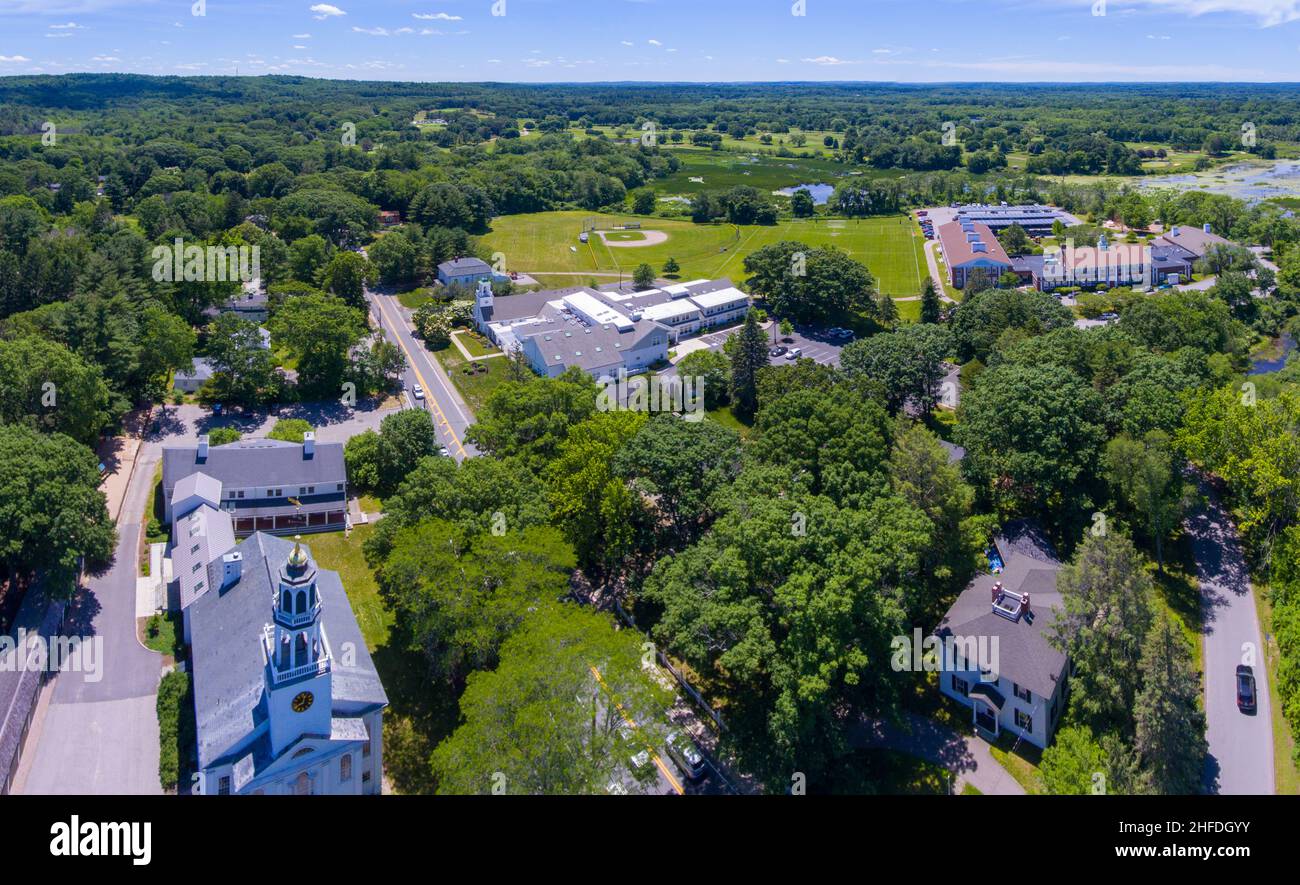 Wayland historic town center aerial view in summer at Boston Post Road