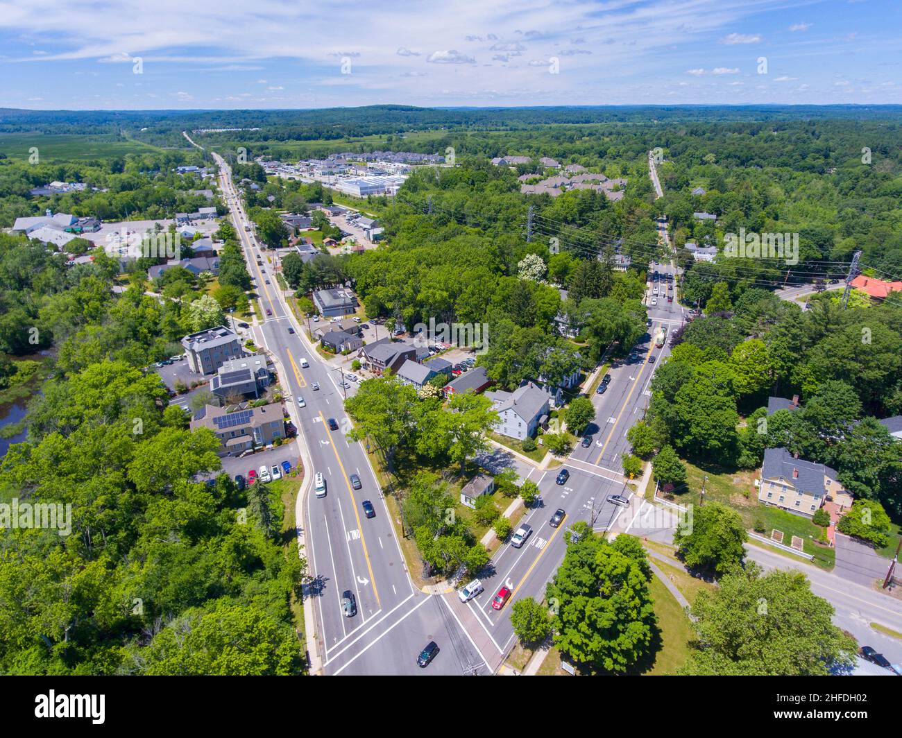Wayland historic town center aerial view in summer at Boston Post Road