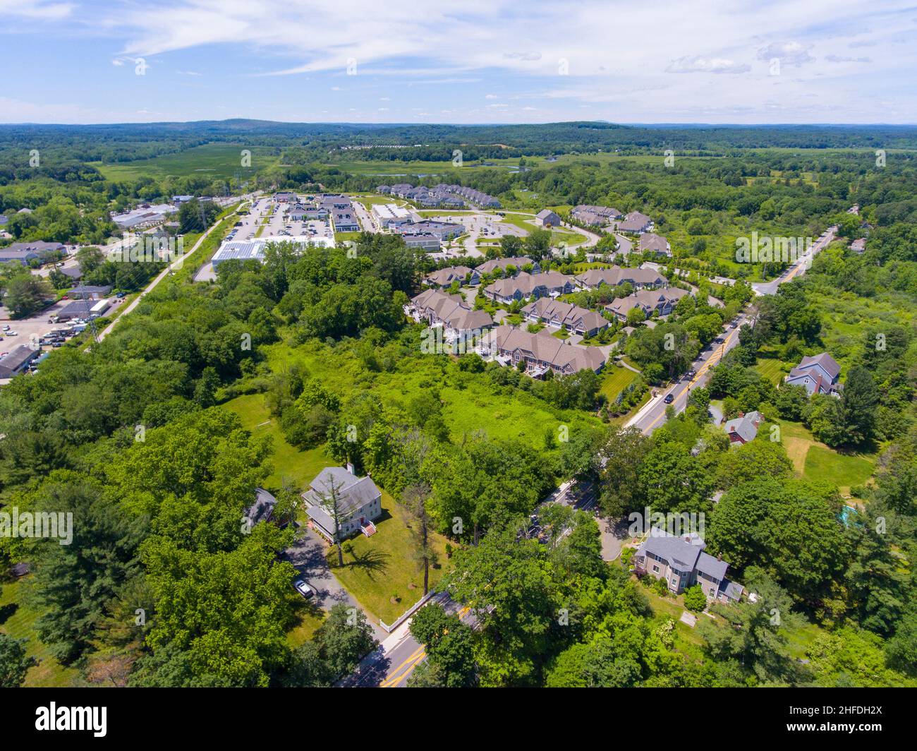 Wayland historic town center aerial view in summer at Boston Post Road