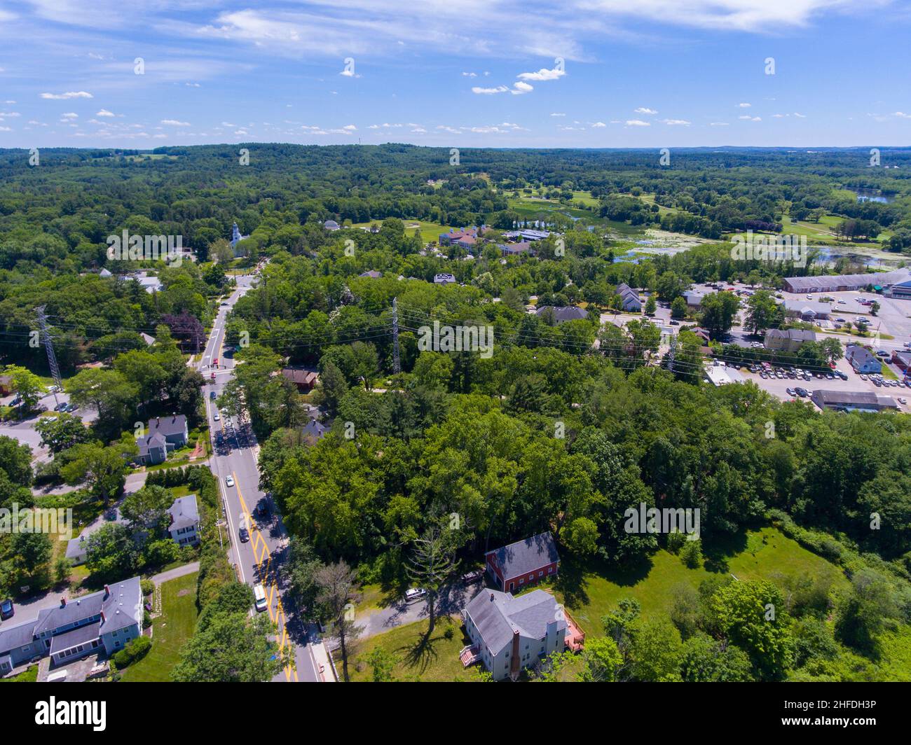 Wayland historic town center aerial view in summer at Boston Post Road