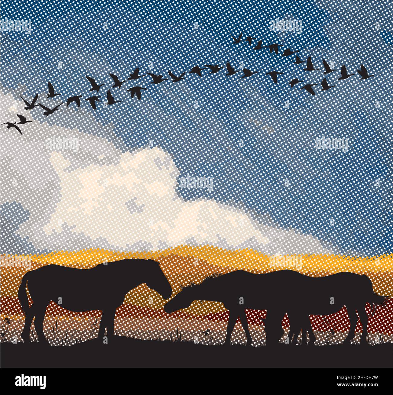 Horses grazing in a meadow and flying geese Stock Vector