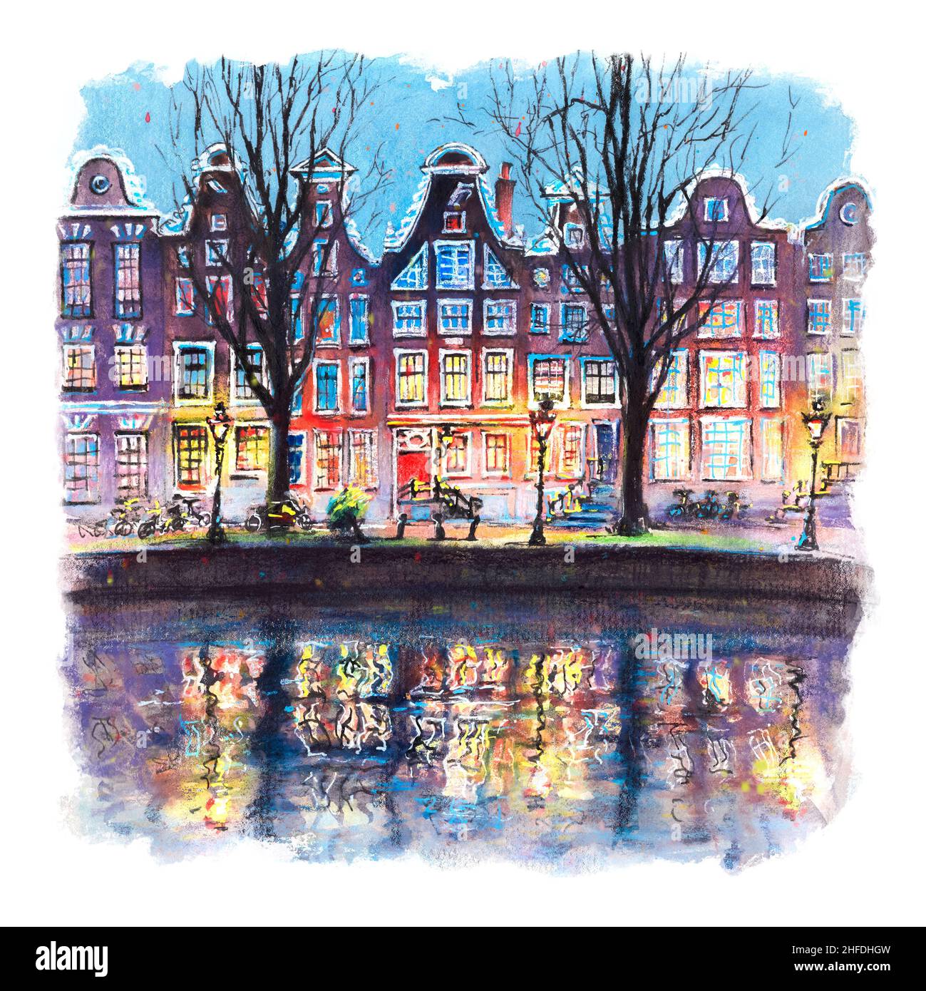Colour watercolor sketch of Amsterdam canal Leidsegracht with typical dutch houses and bridge, Holland, Netherlands Stock Photo