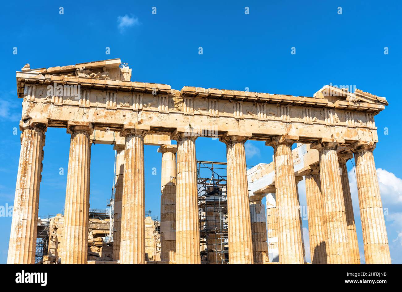 Parthenon on Acropolis of Athens, Greece, Europe. It is top historical landmark of Athens. Famous temple ruins, Ancient Greek monument. Concept of tim Stock Photo