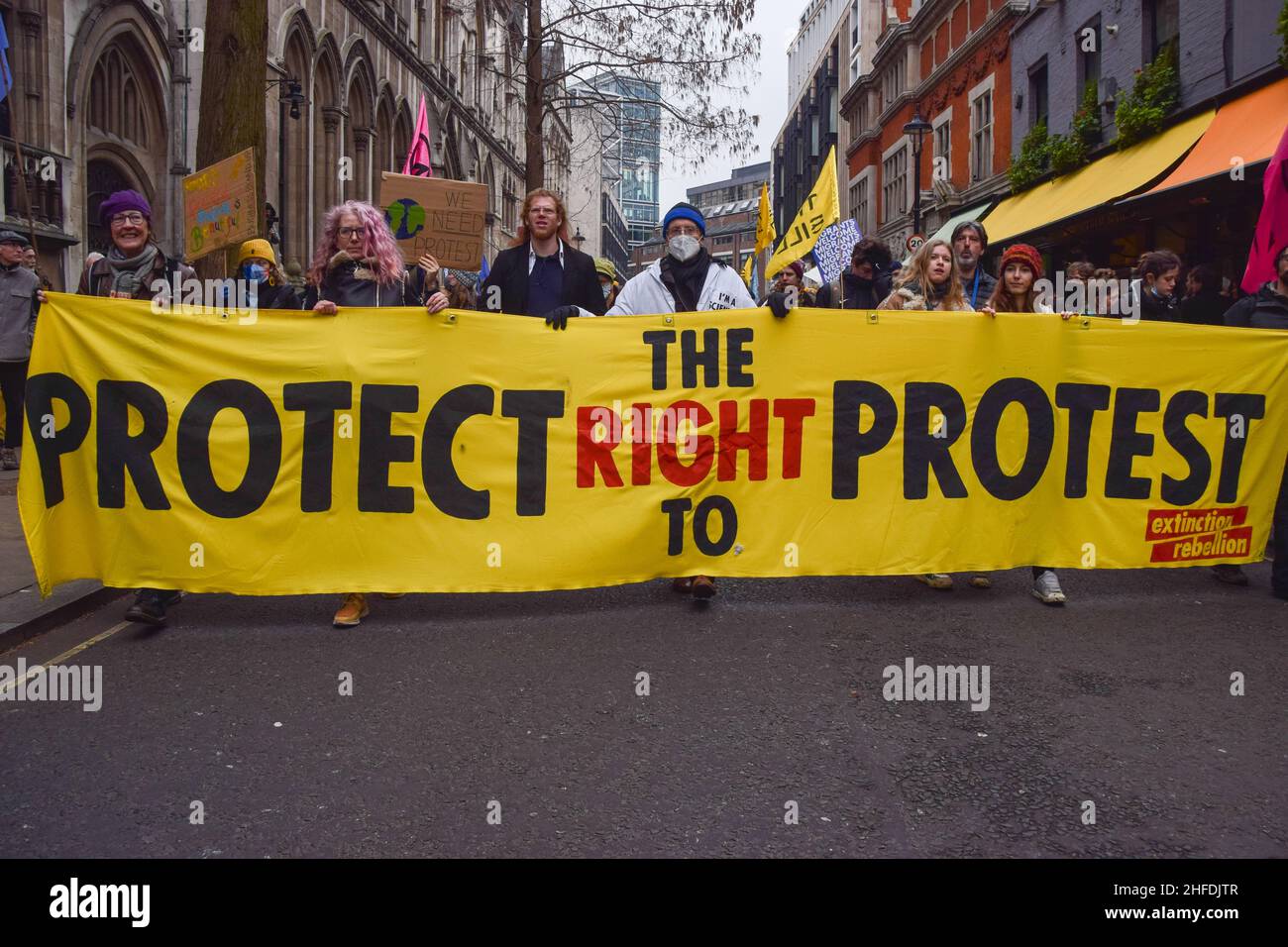 London, UK. 15th Jan, 2022. Demonstrators hold a 'Protect The Right To Protest' banner during the Kill The Bill protest.Thousands of people marched through central London in protest against the Police, Crime, Sentencing and Courts Bill, which will make many types of protest illegal. Credit: SOPA Images Limited/Alamy Live News Stock Photo
