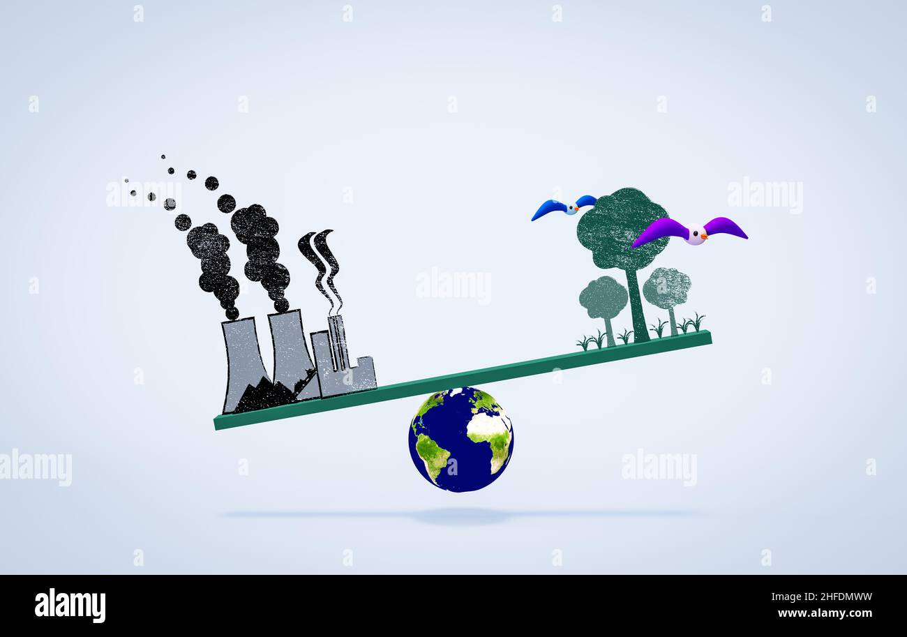 the world balancing industry and nature, eco environmental balance concept 3D illustration Stock Photo