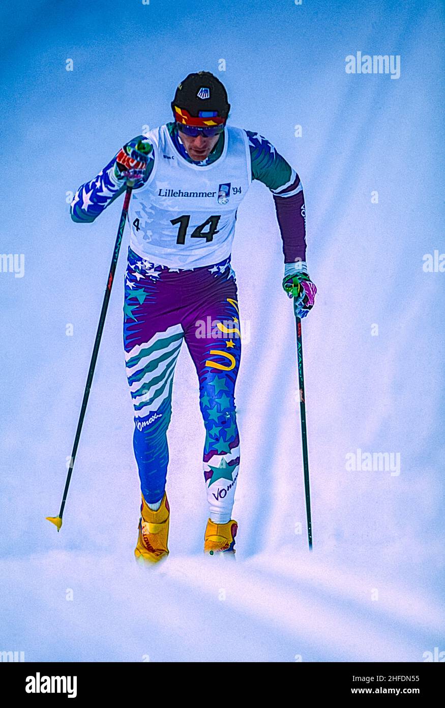 Todd Boonstra (USA) competing in the men's 10km cross country skiing at the 1994 Olympic Winter Games. Stock Photo