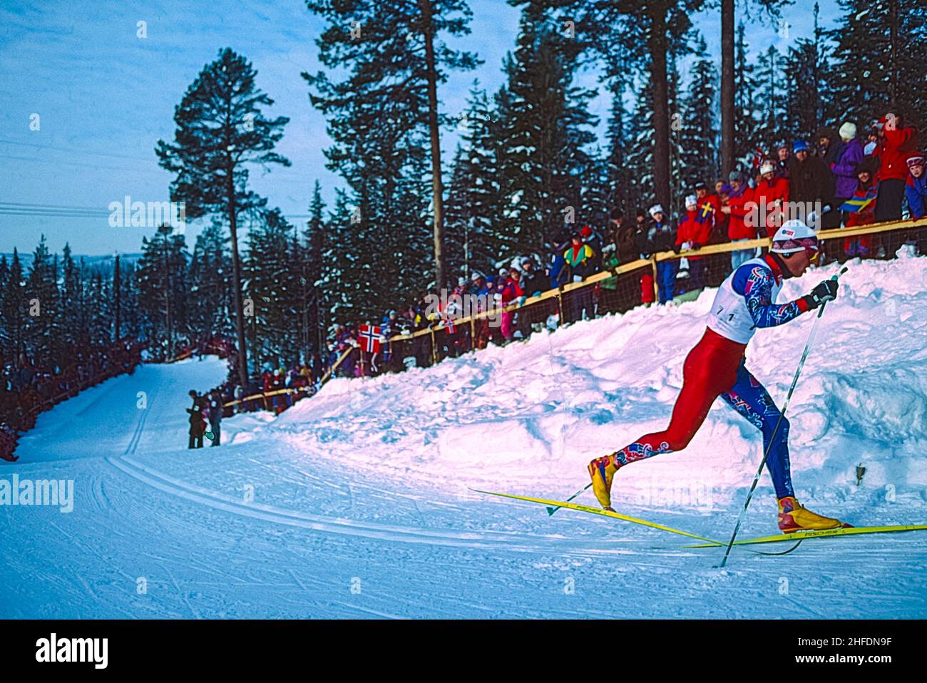 Bjorn Daehlie (NOR) wins the gold medal in the men's 10km cross country skiing at the 1994 Olympic Winter Games. Stock Photo