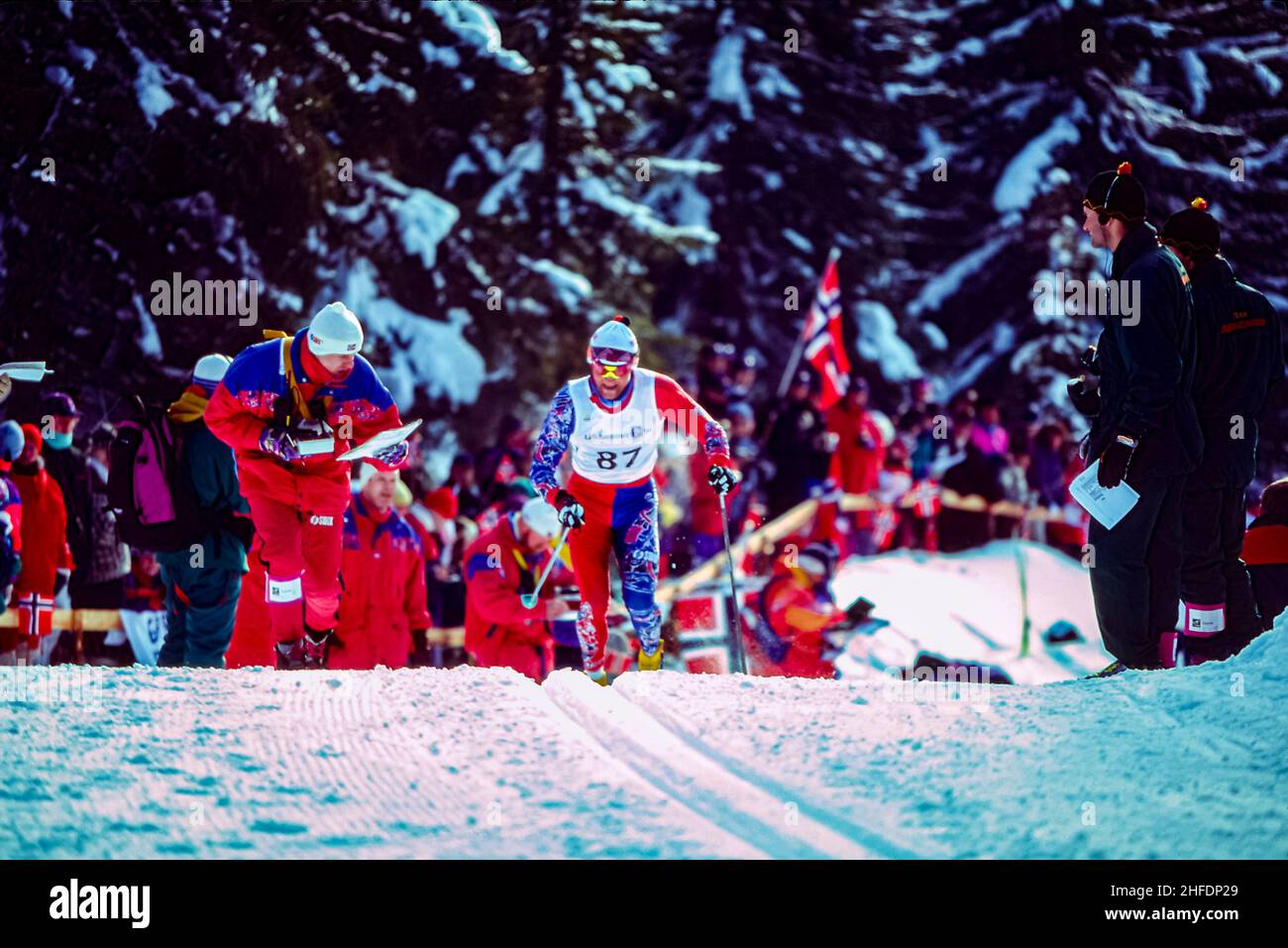 Vegard Ulvang (NOR) wins the gold medal in the men's 10km cross country skiing at the 1994 Olympic Winter Games. Stock Photo