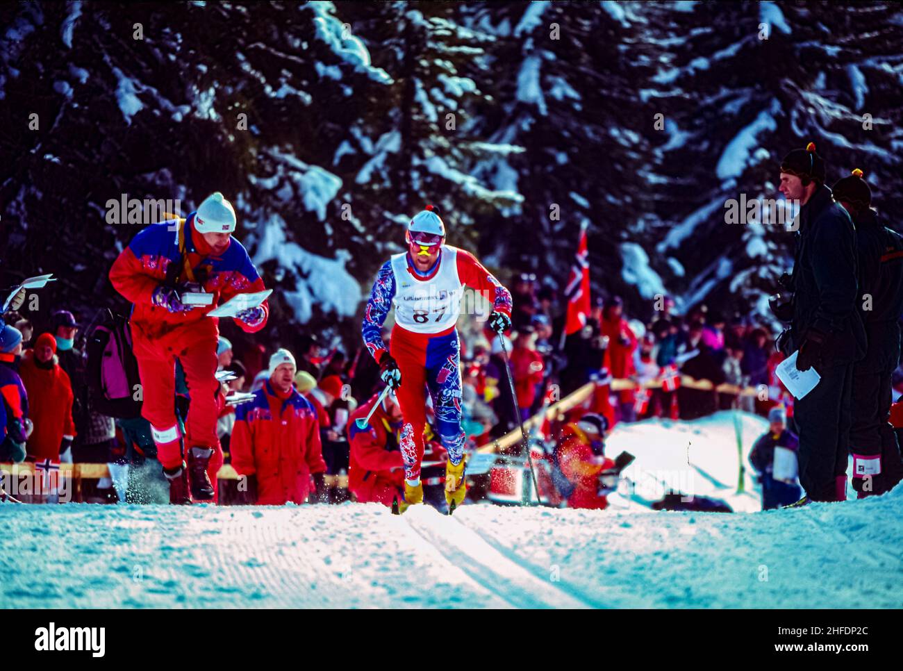 Vegard Ulvang (NOR) wins the gold medal in the men's 10km cross country skiing at the 1994 Olympic Winter Games. Stock Photo