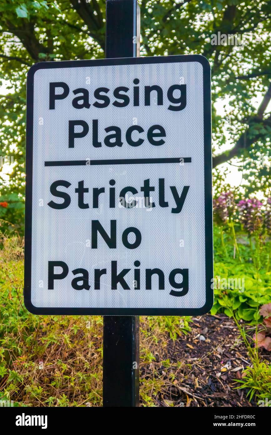 'Passing Place - Strictly No Parking' UK Road Sign Stock Photo