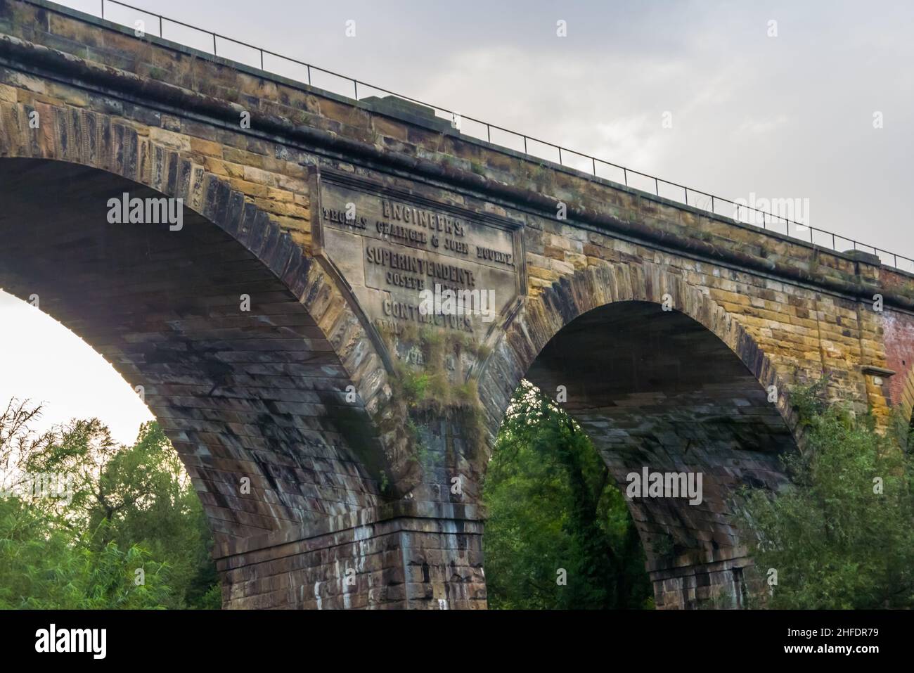 Historic Stone Inscription on Yarm Railway Viaduct (Grade 2 listed) - Reading Engineers: Thomas Grainger & John Bourne, Superintendent: Joseph Dixon Stock Photo