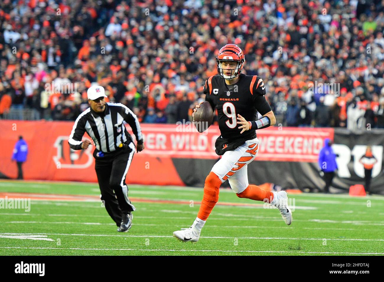 Saturday January 15, 2022: Cincinnati Bengals quarterback Joe Burrow (9)  throws the ball during the NFL AFC Wildcard Playoff game between the Las  Vegas Raiders and the Cincinnati Bengals at Paul Brown