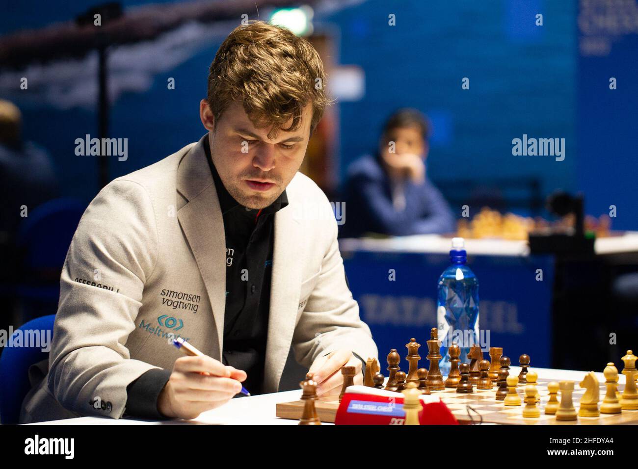 Wijk Aan Zee, Netherlands. 29th Jan, 2023. Magnus Carlsen of Norway  competes during the final round of the Tata Steel Chess Tournament 2023 in  Wijk aan Zee, the Netherlands, Jan. 29, 2023.