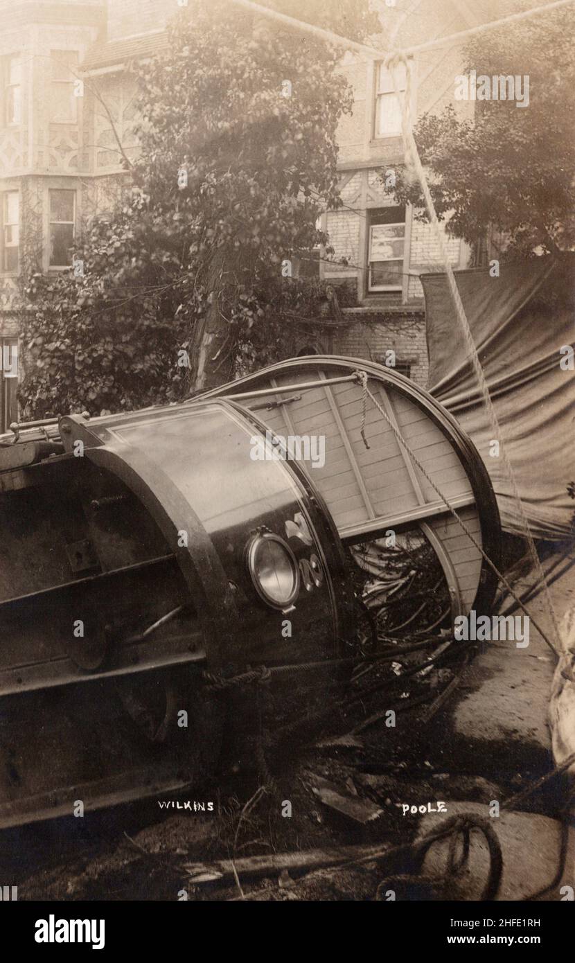 Tram car No. 72 on side, May 1, 1908 tramway accident,  Bournemouth England,  Wilkins photo, old postcard. Stock Photo