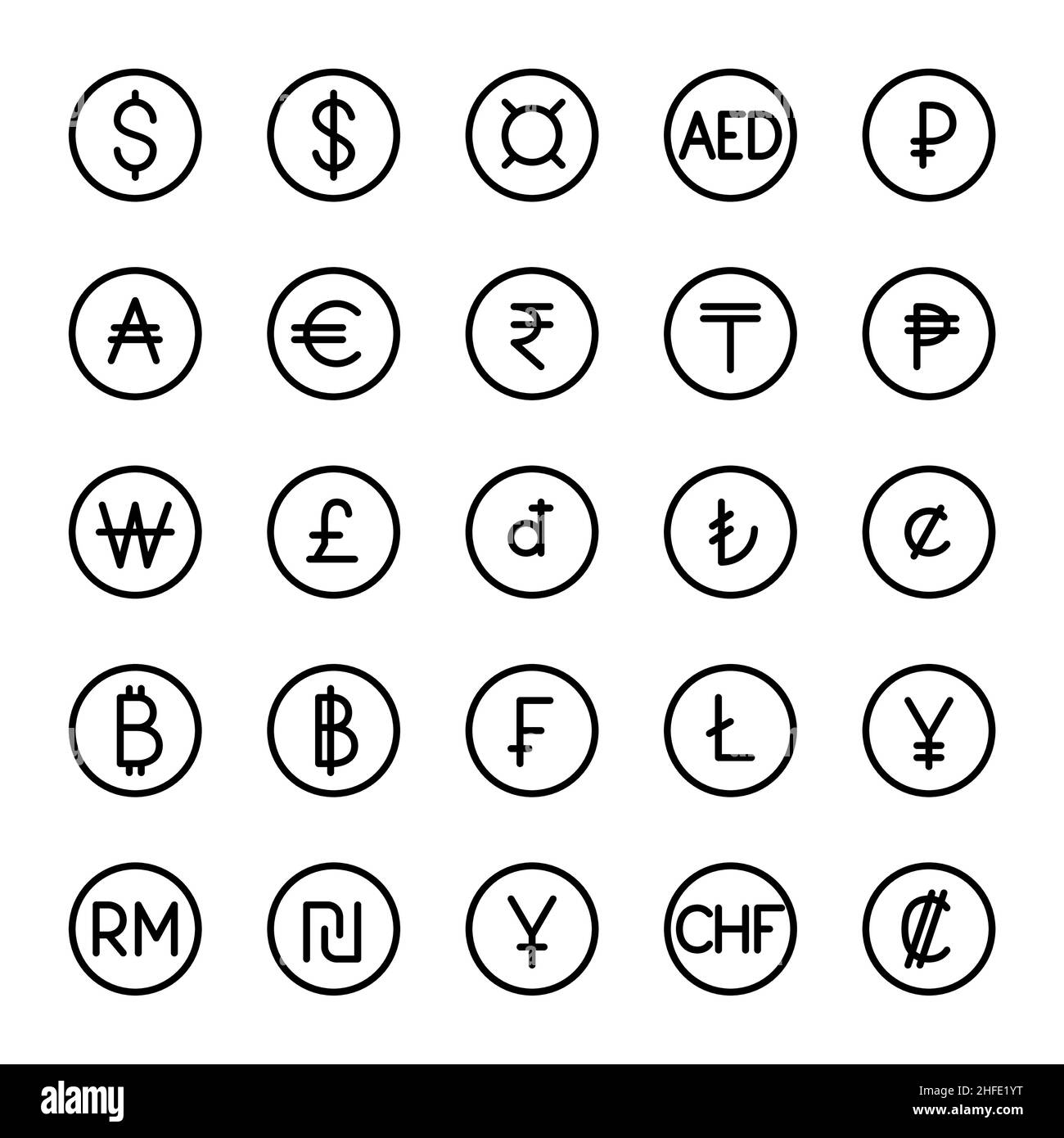 Currency symbols set. 25 main world currencies. Pixel perfect, editable stroke icons Stock Vector