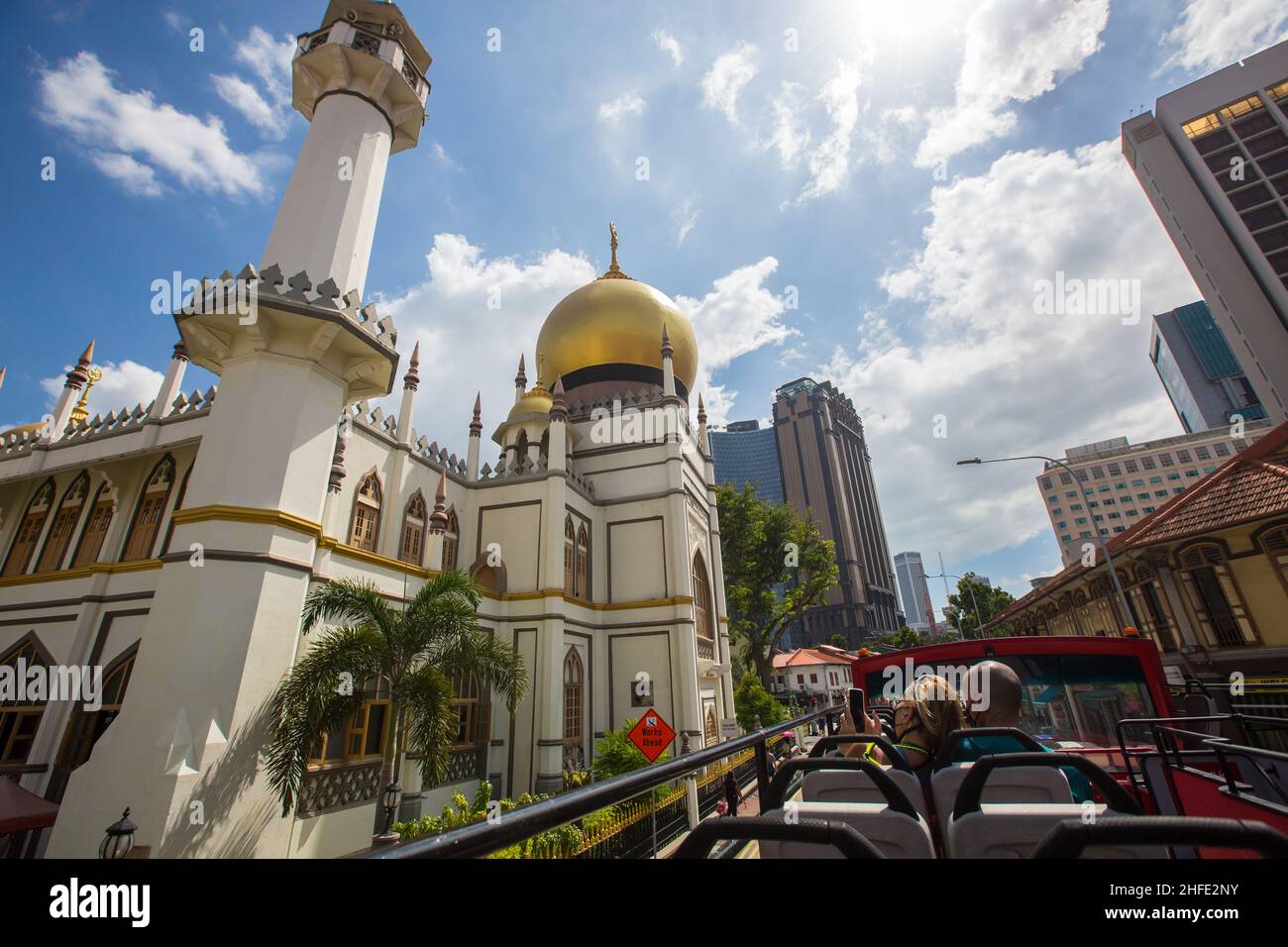 View from open top bus in Singapore, Kampong district. Looking up at the stunning gold dome of Masjid Sultan also know as Sultan Mosque. January 2022 Stock Photo