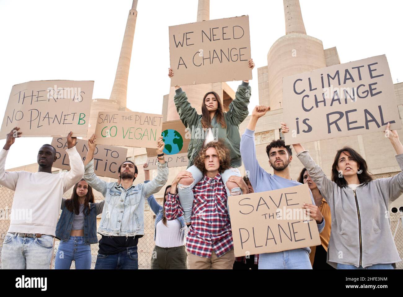 People with placards and posters on global strike for climate change. Stock Photo