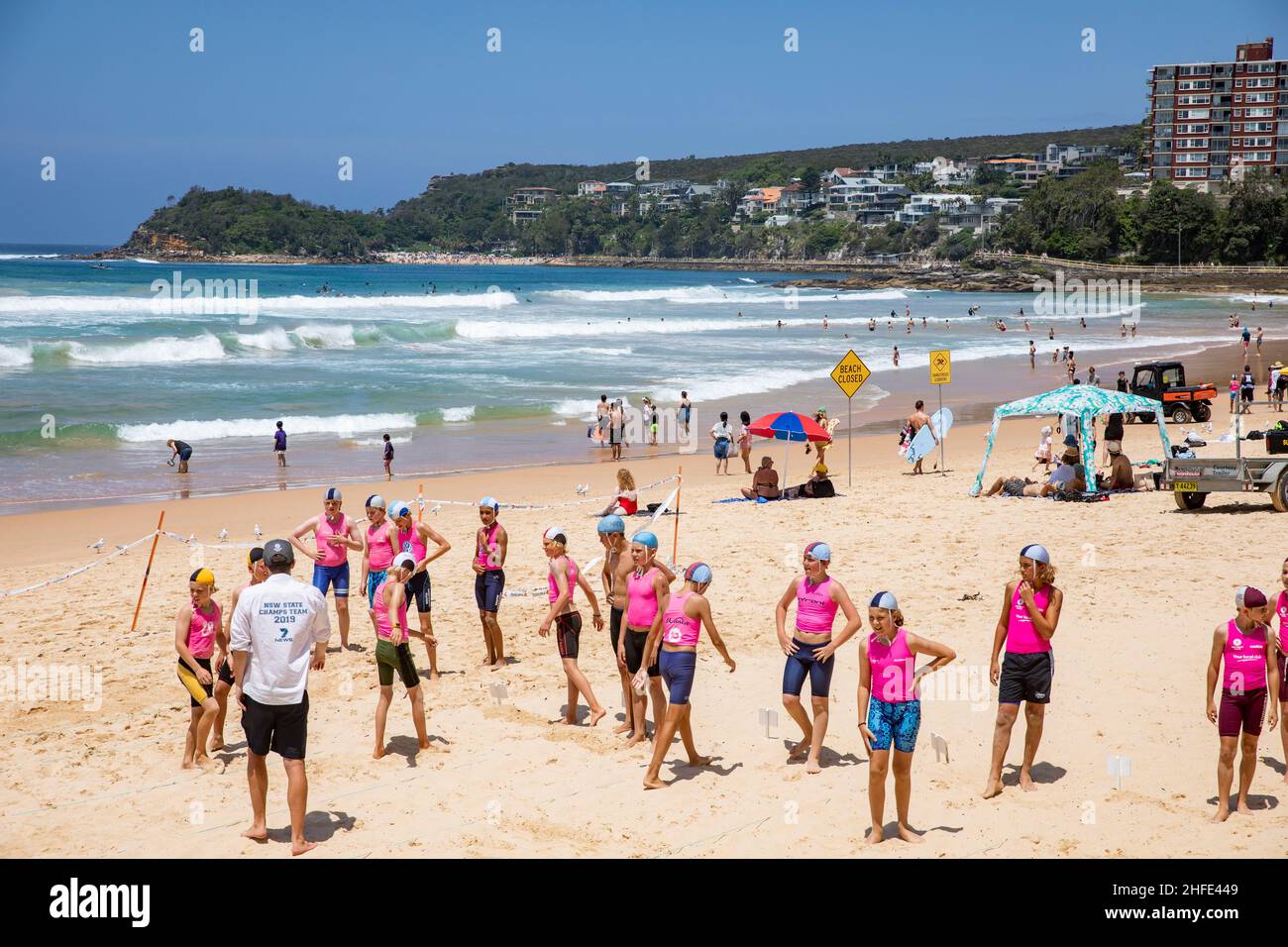 Nippers events, children and young lifesavers  on Manly Beach Sydney doing Nippers events for junior surf rescue, Sydney,NSW,Australia Stock Photo