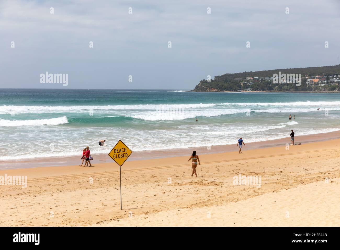 Manly Beach Sydney closed from tsunami warning, people ignore closure and attend the beach,Sydney,Australia Stock Photo