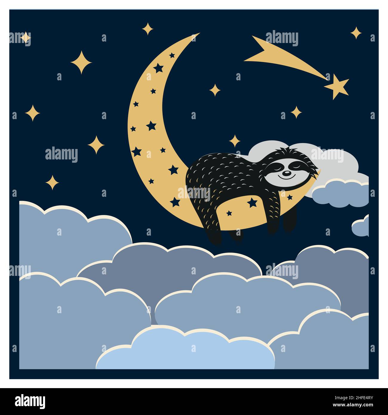 Sloth sleeps on the moon among the clouds, made by layers paper cutting 3d application Stock Vector