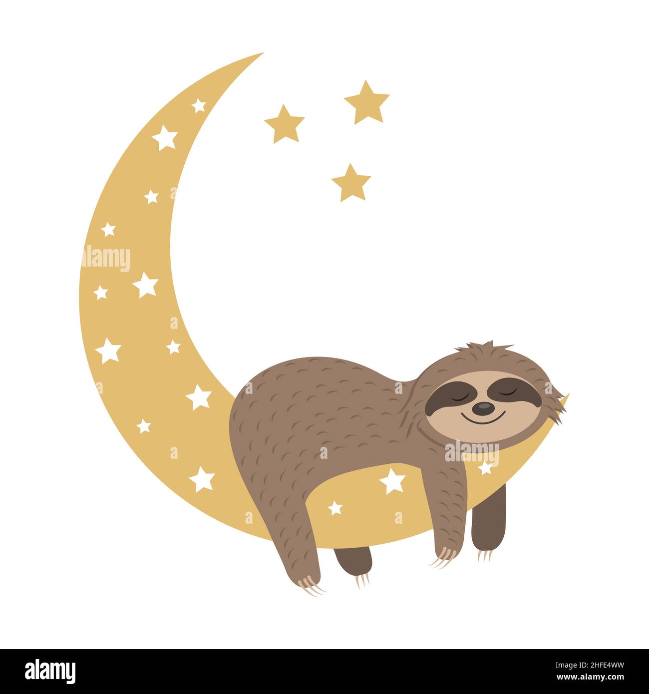 Cute sloth character sleeping on the Moon color isolated boho style illustration Stock Vector